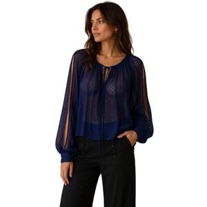 Walter Baker Navy Swiss Dot Sheer Blouse XS Long Sleeve Tie Neck Top